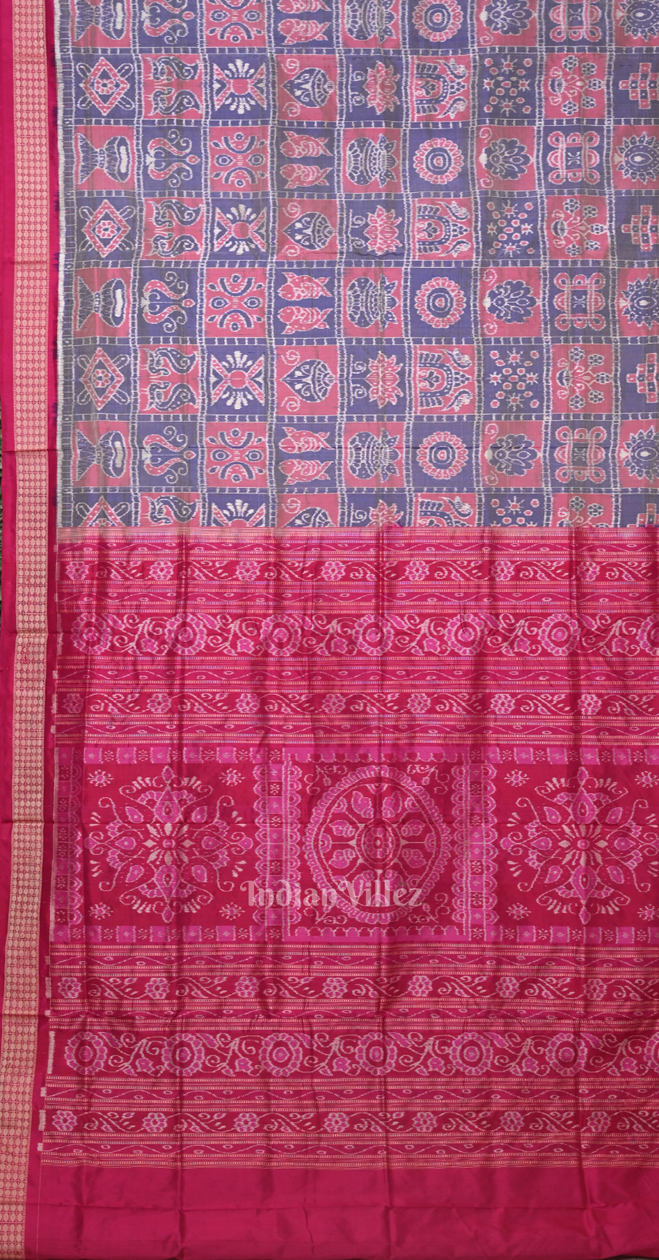 Exclusive  Grey Rani Pink Nabakothi Odisha Ikat Sambalpuri Silk Saree 
