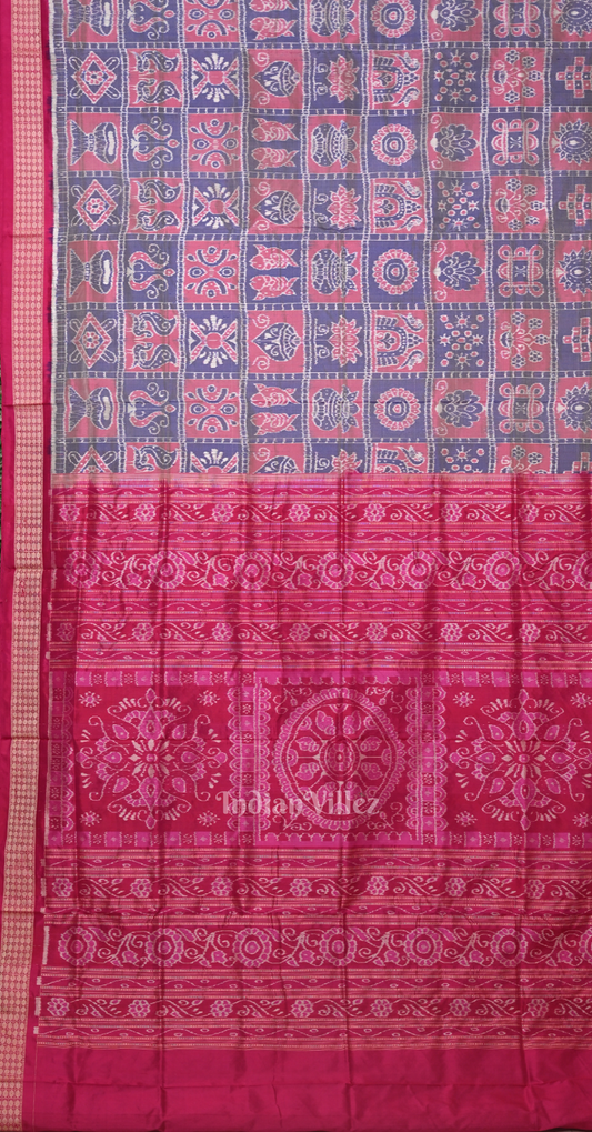 Exclusive  Grey Rani Pink Nabakothi Odisha Ikat Sambalpuri Silk Saree 