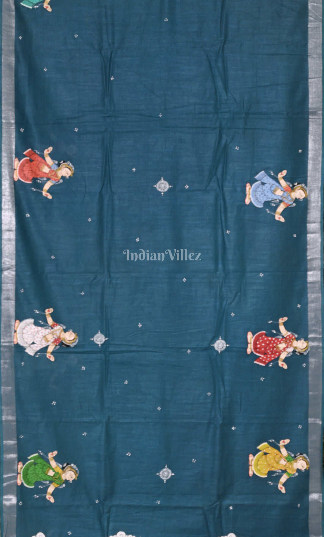 Peacock Blue Raja Doli Theme Hand-Painted Pattachitra Saree