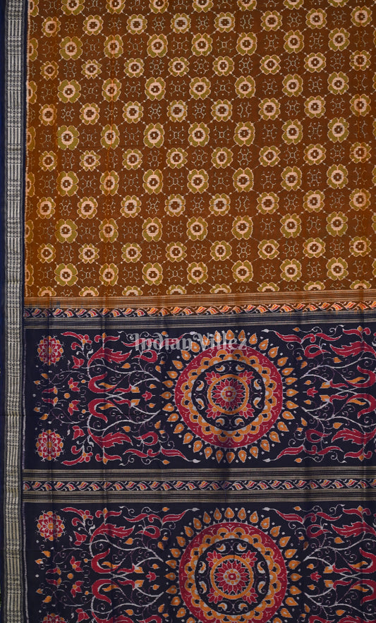 Chocolate Brown Blue Odisha Ikat Sambalpuri Silk Saree 