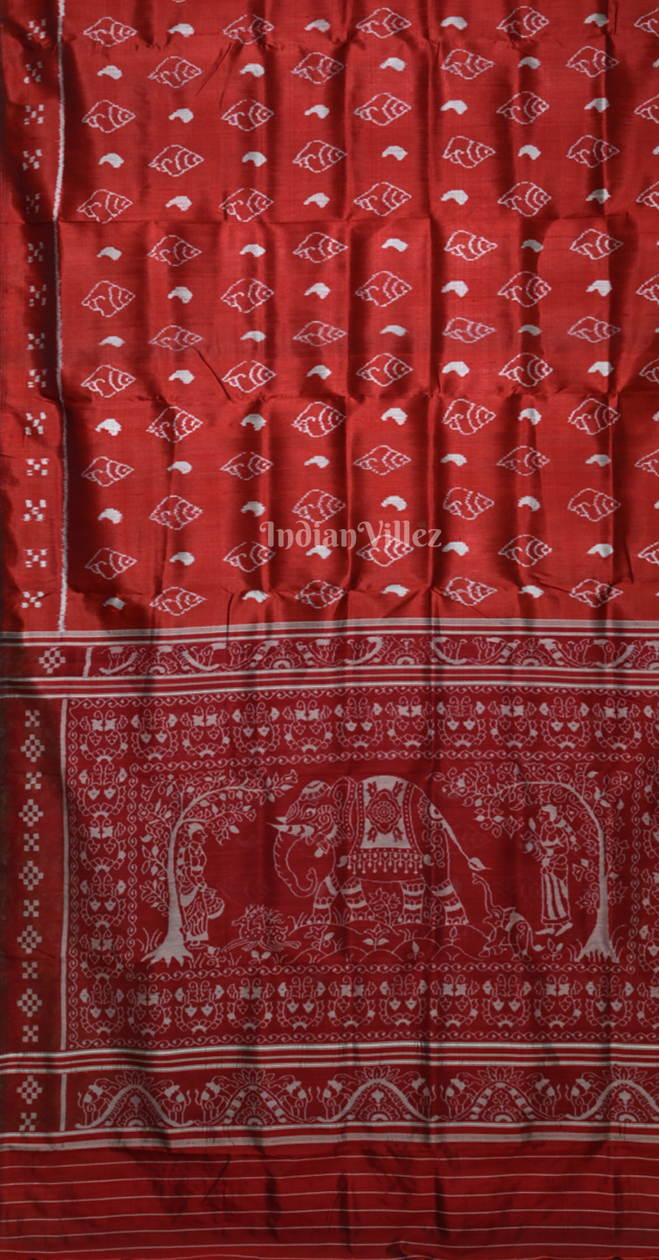 Maroon Sankha Theme Odisha Ikat Contemporary Designer Silk Saree with elephant Anchal