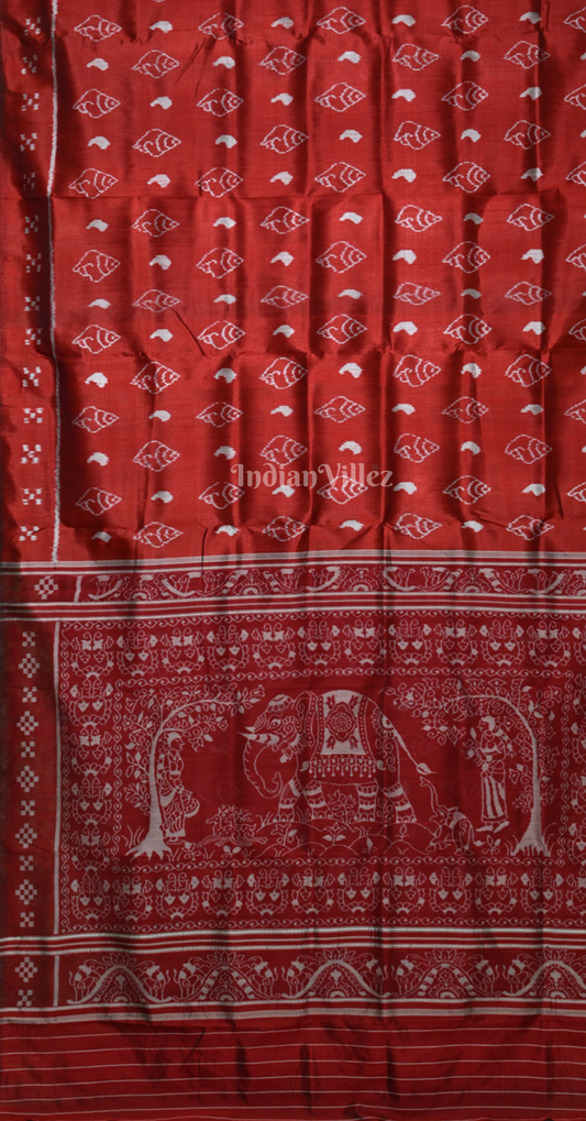 Maroon Sankha Theme Odisha Ikat Contemporary Designer Silk Saree with elephant Anchal