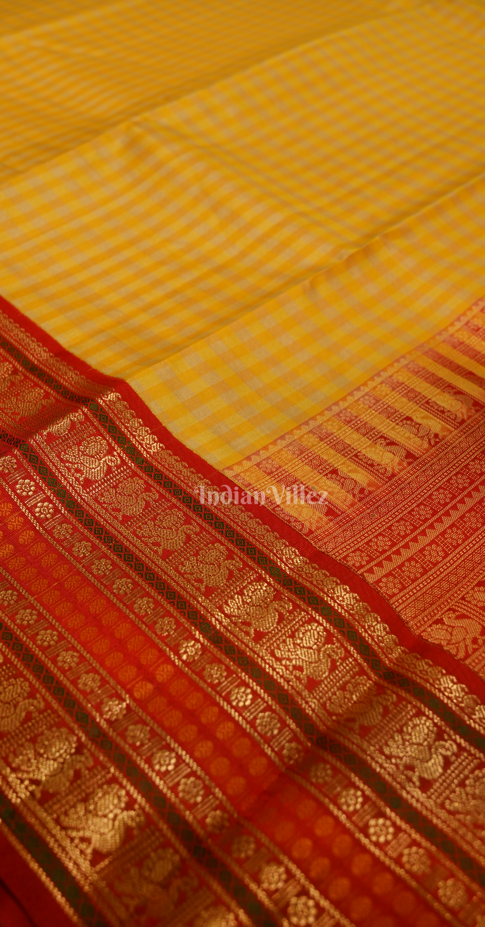Exclusive Yellow Red Check Brocade Pure Kanjivaram Silk Saree 