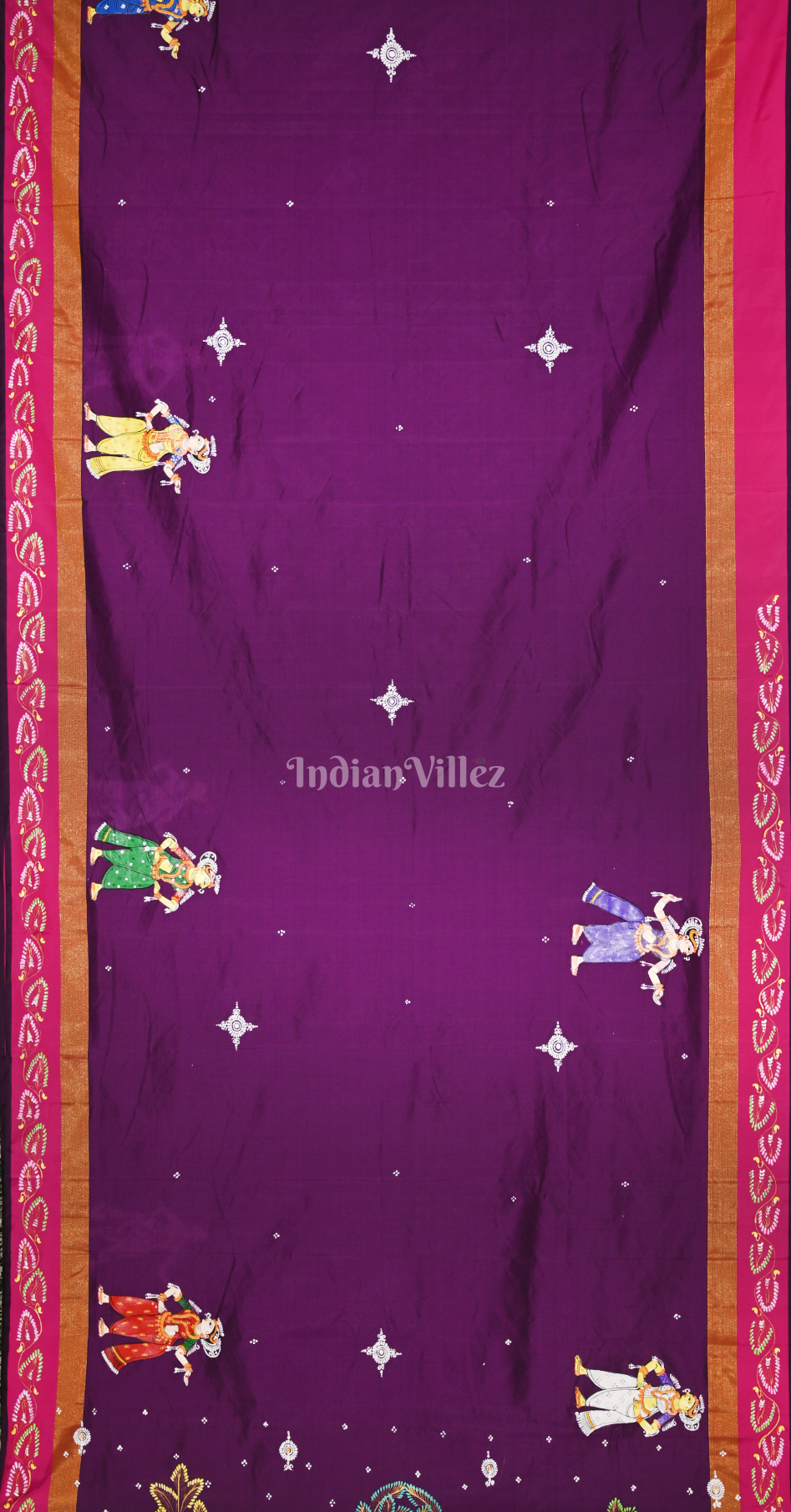 Purple  Maroon Radha Krishna Doli Theme Hand-Painted Pattachitra Saree