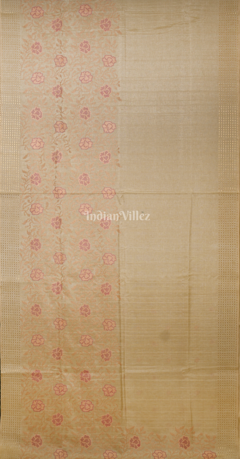 Beige Tussar Silk Saree with Floral Embroidery Work