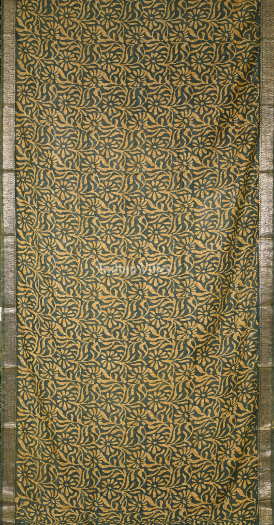 Green Block Printed Dabu Cotton Saree 