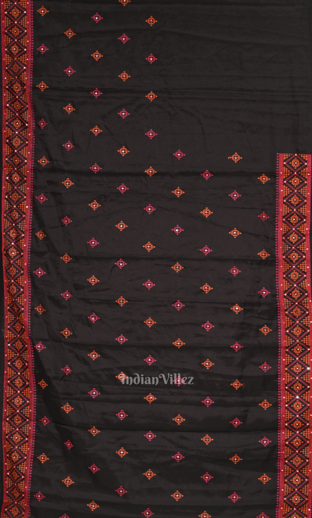Black Red Tusasr Silk Saree with Hand Embroidery Work
