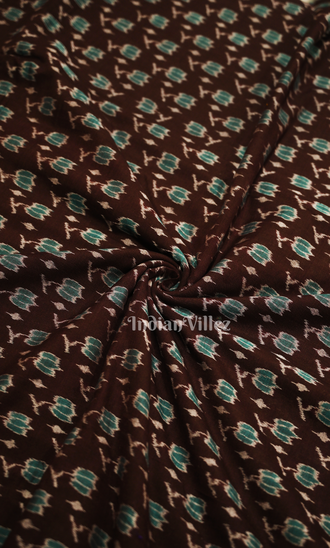 Coffee Green Floral Motif  Odisha Ikat Sambalpuri Cotton Fabric
