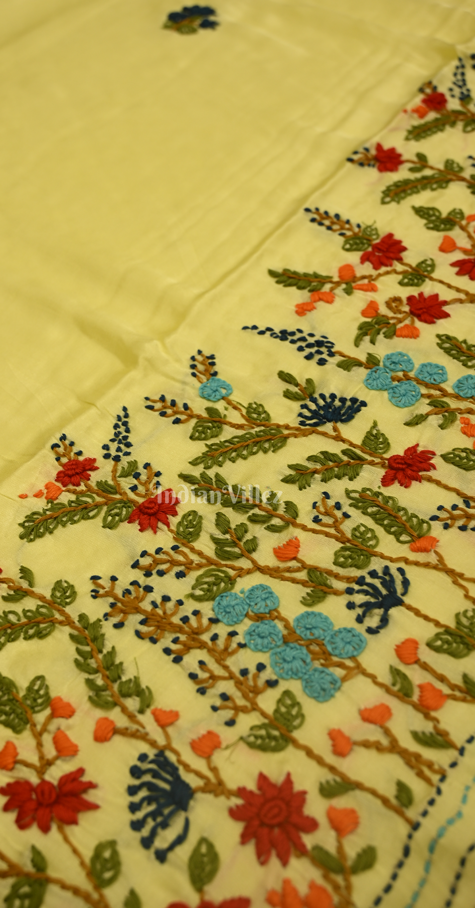 Lime Yellow Kutch Embroidery Work Gaji Silk Saree 