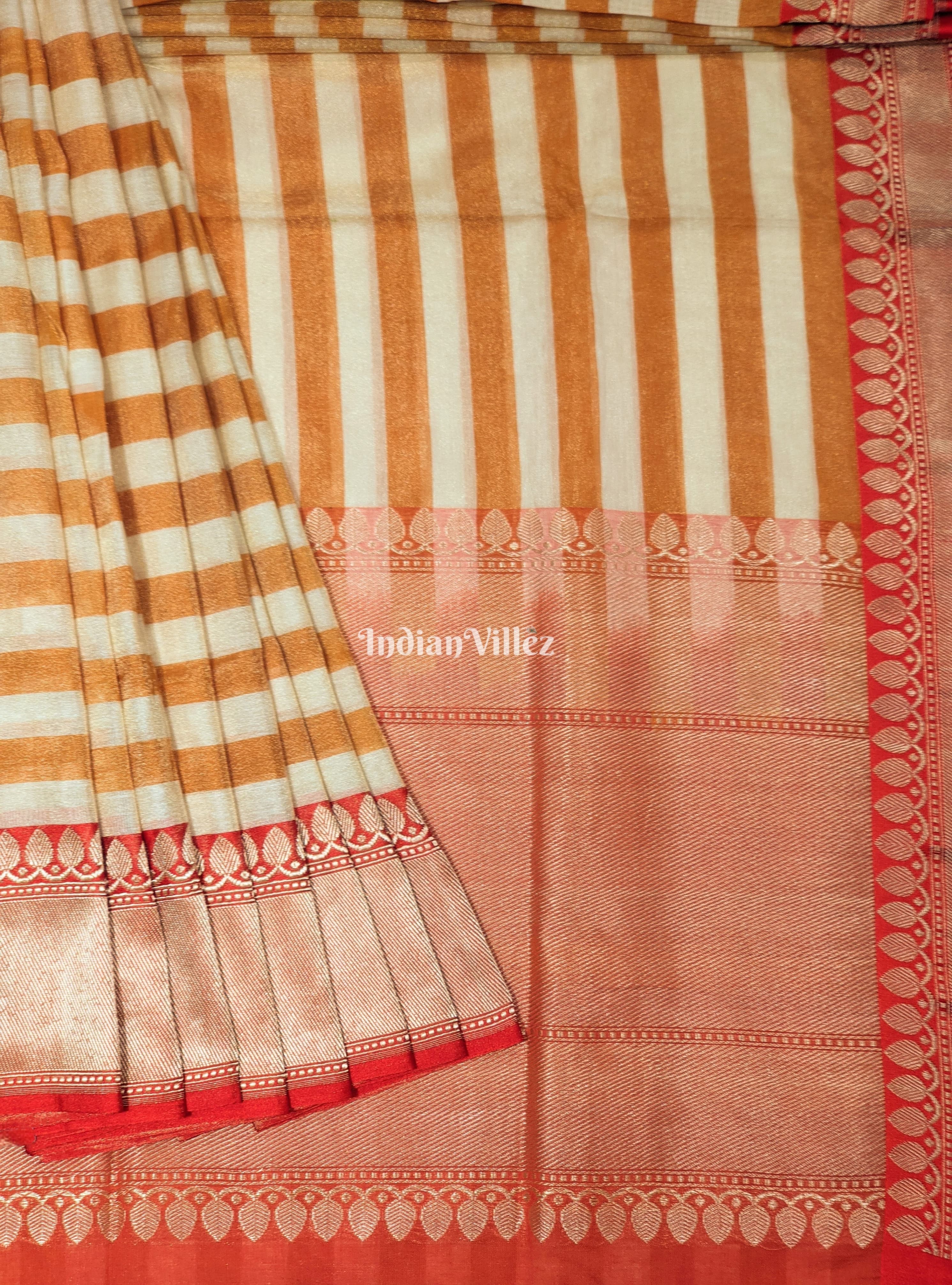 Orange White Stripes Pattern Designer Banarasi Tissue Saree