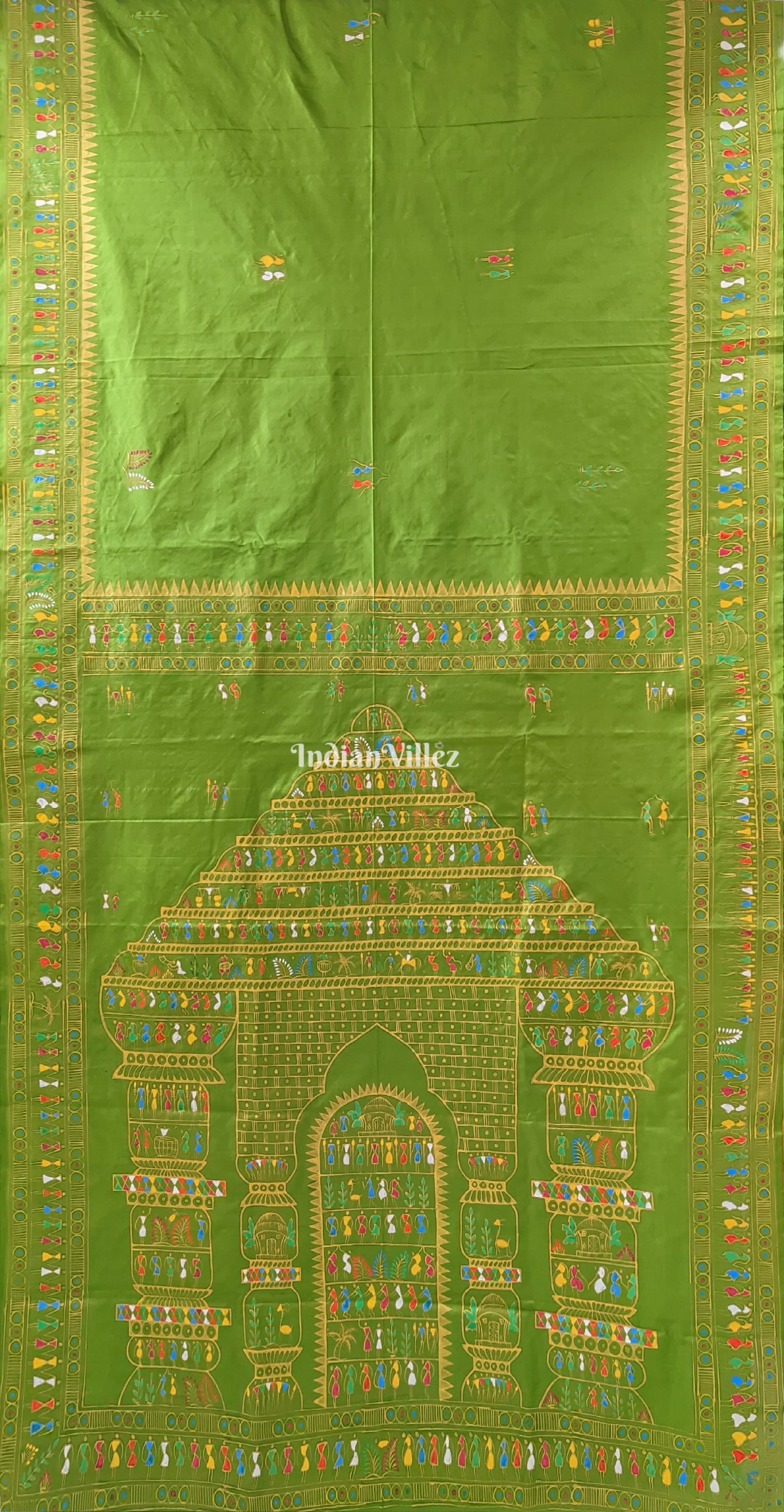 Parrot Green Tribal Themed Pattachitra Silk Saree