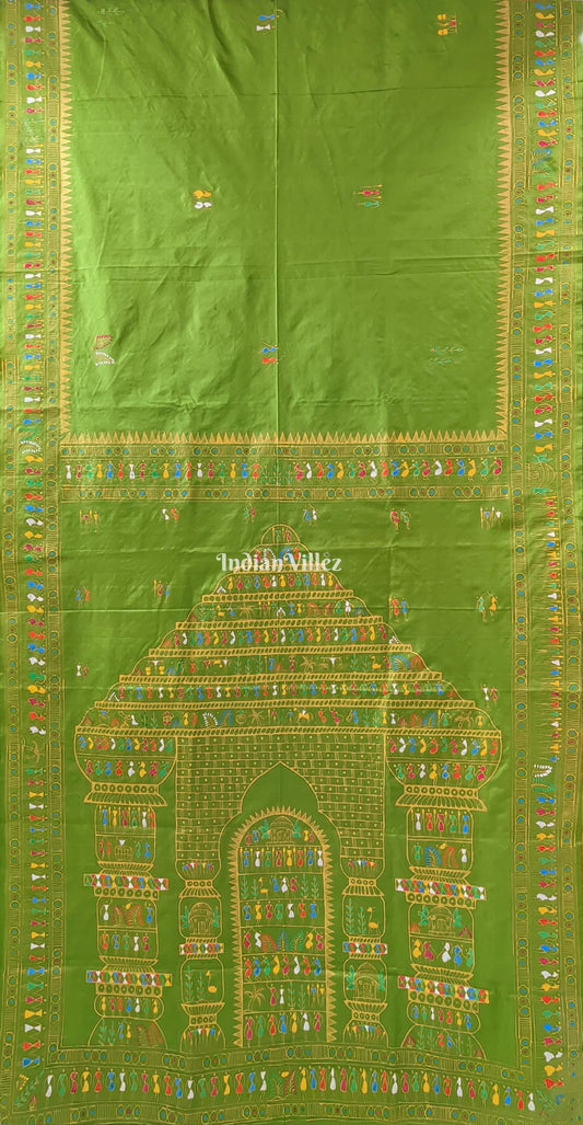 Parrot Green Tribal Themed Pattachitra Silk Saree