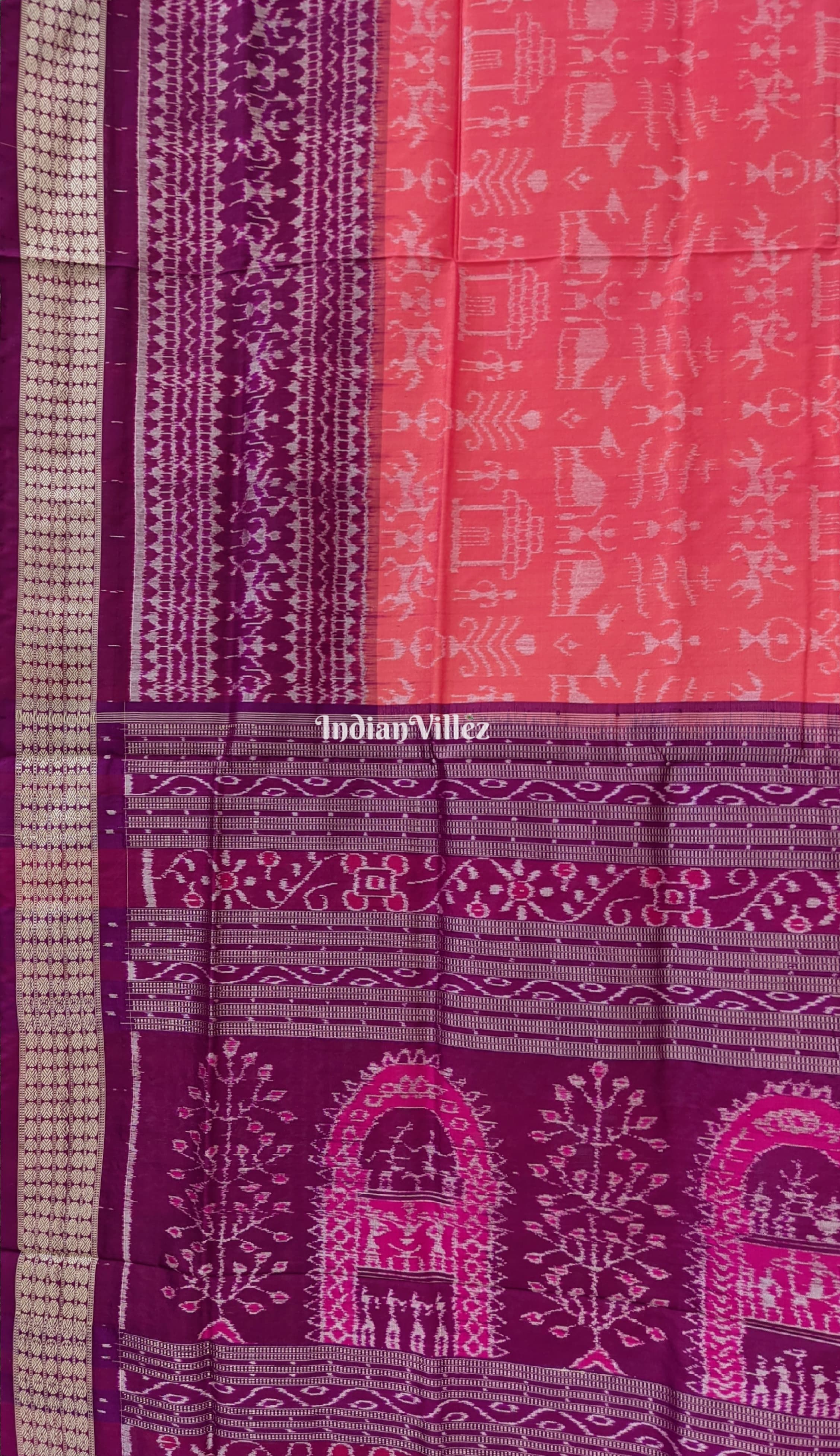 Orange Purple Odisha Ikat Tribal Theme Sambalpuri Silk Saree