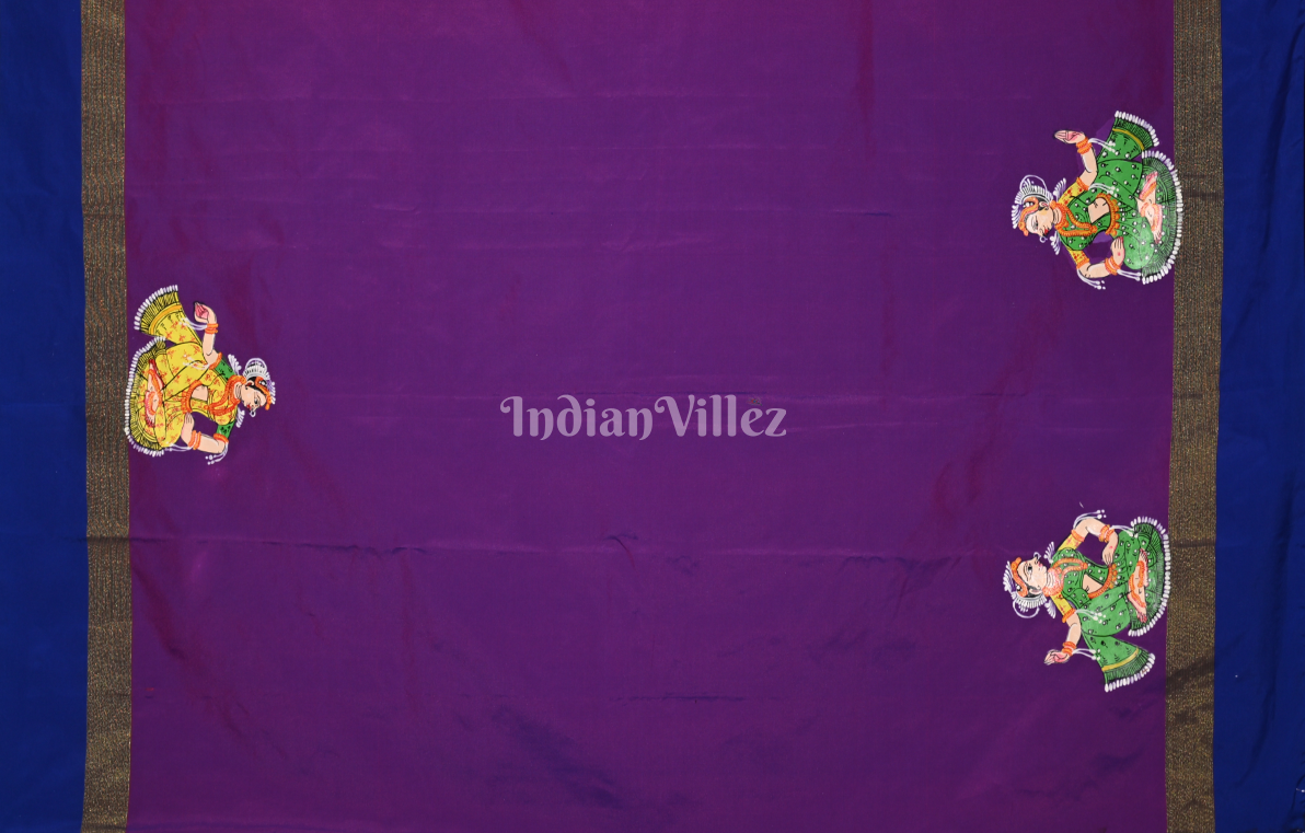 Red Purple Krishna Raas Leela Hand-Painted Pattachitra Saree