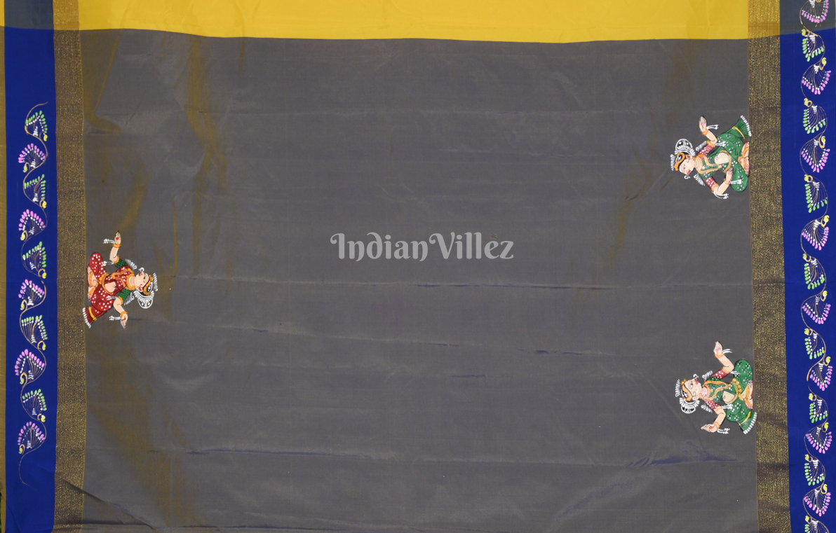 Yellow  Grey Radha Krishna Doli Theme Hand-Painted Pattachitra Saree