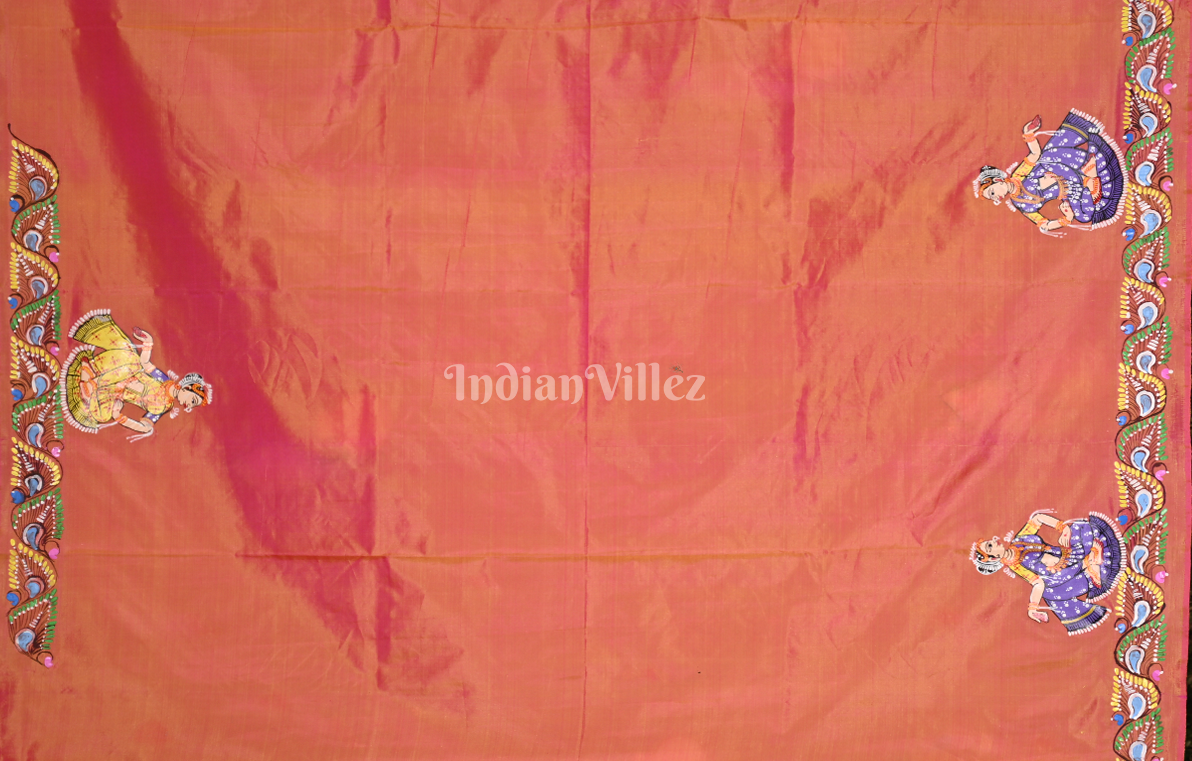 Peach (Mayur) & Nartaki Theme  Hand-Painted Pattachitra Saree