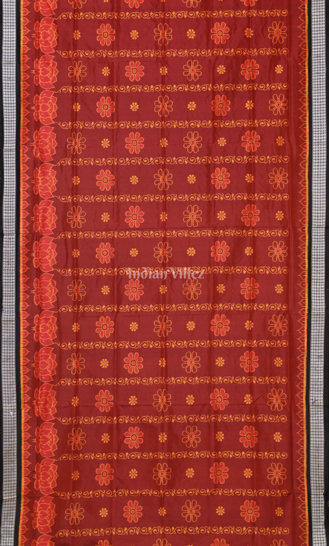 Maroon Red Black Lotus Motif Odisha Ikat Sambalpuri Silk Saree 