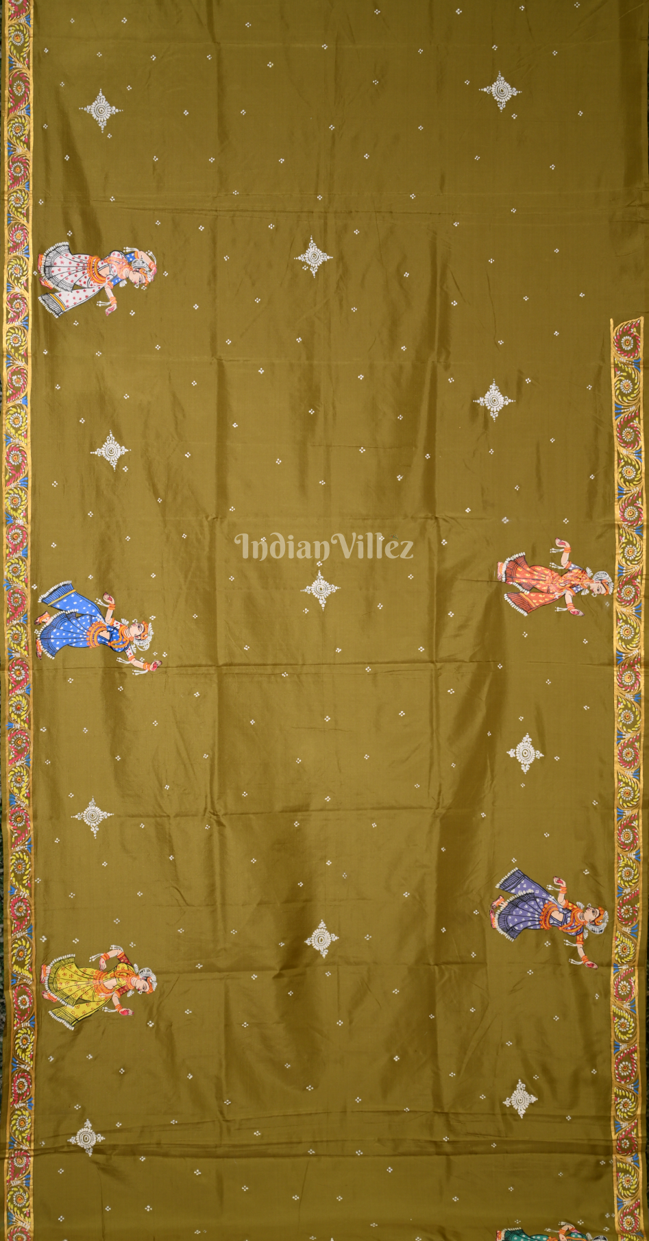 Mehendi Green Dual Tone Giri Govardhan Hand-Painted Pattachitra Saree