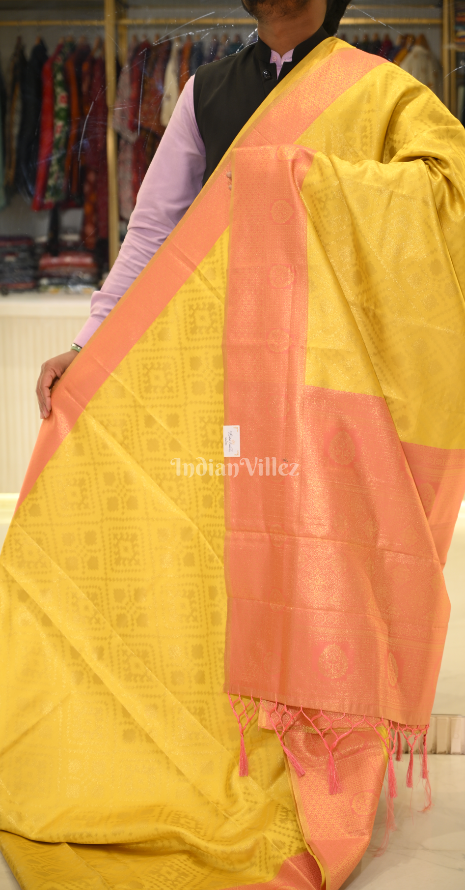 Yellow Peach Pure Zari Base Chaap Hand Woven Kanjivaram Silk Saree