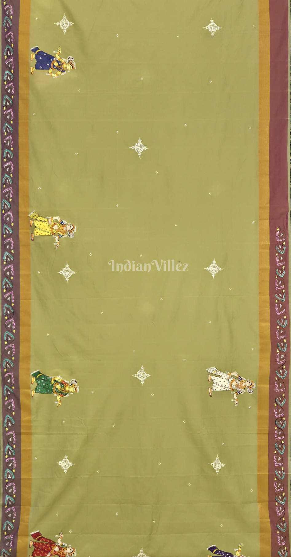 Mehendi Green Raja Doli Theme Hand-Painted Pattachitra Saree 