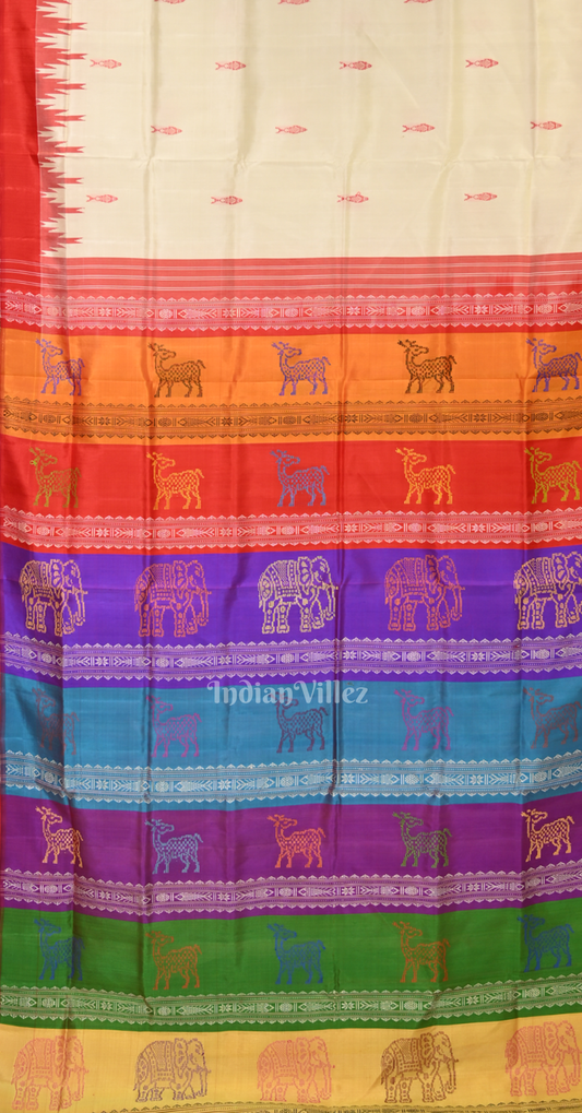 White with MultiColor Fish Motif Double Pallu Berhampuri Silk Saree 