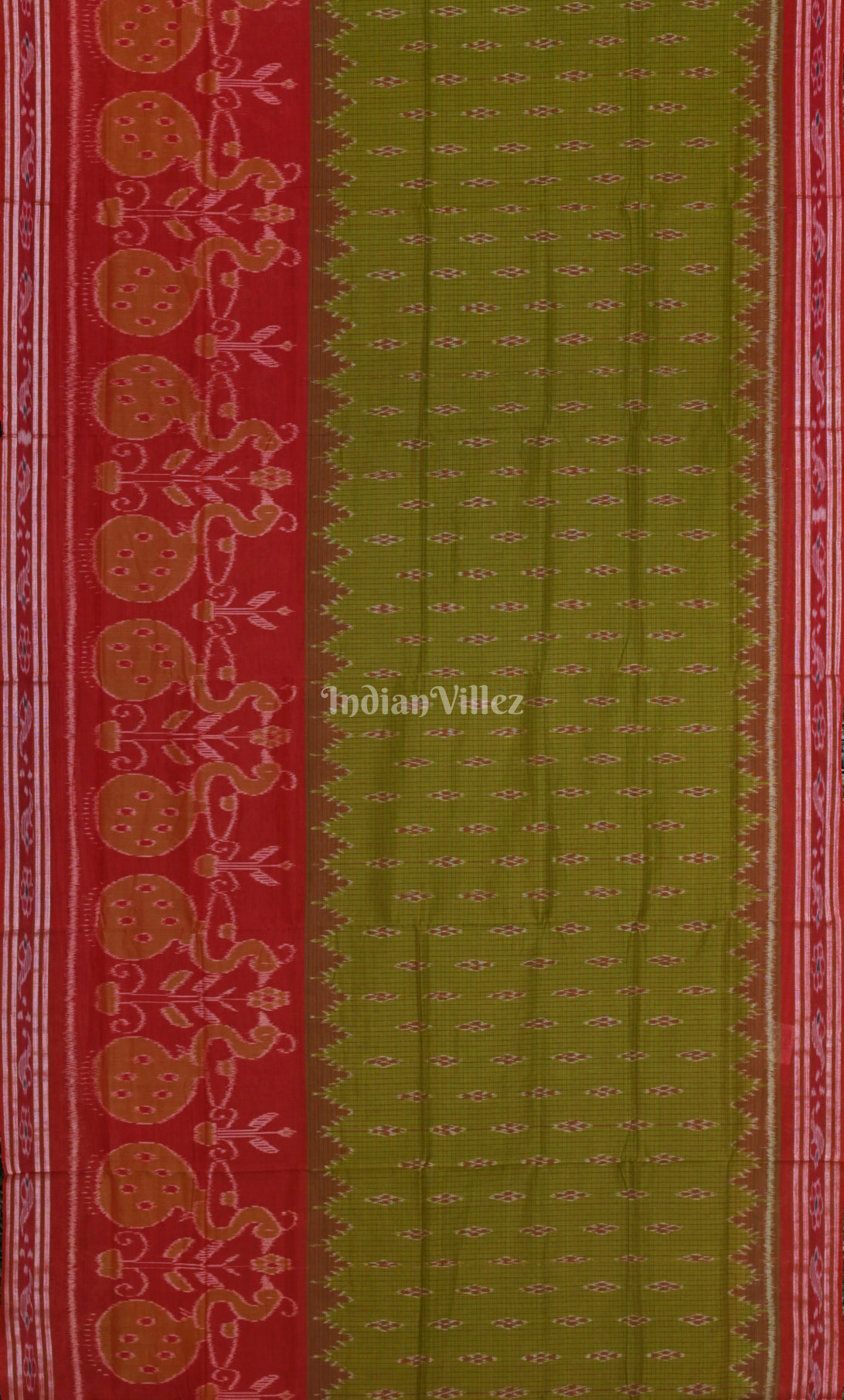 Mehendi Green Red Odisha Ikat Maniabandha Cotton Saree 