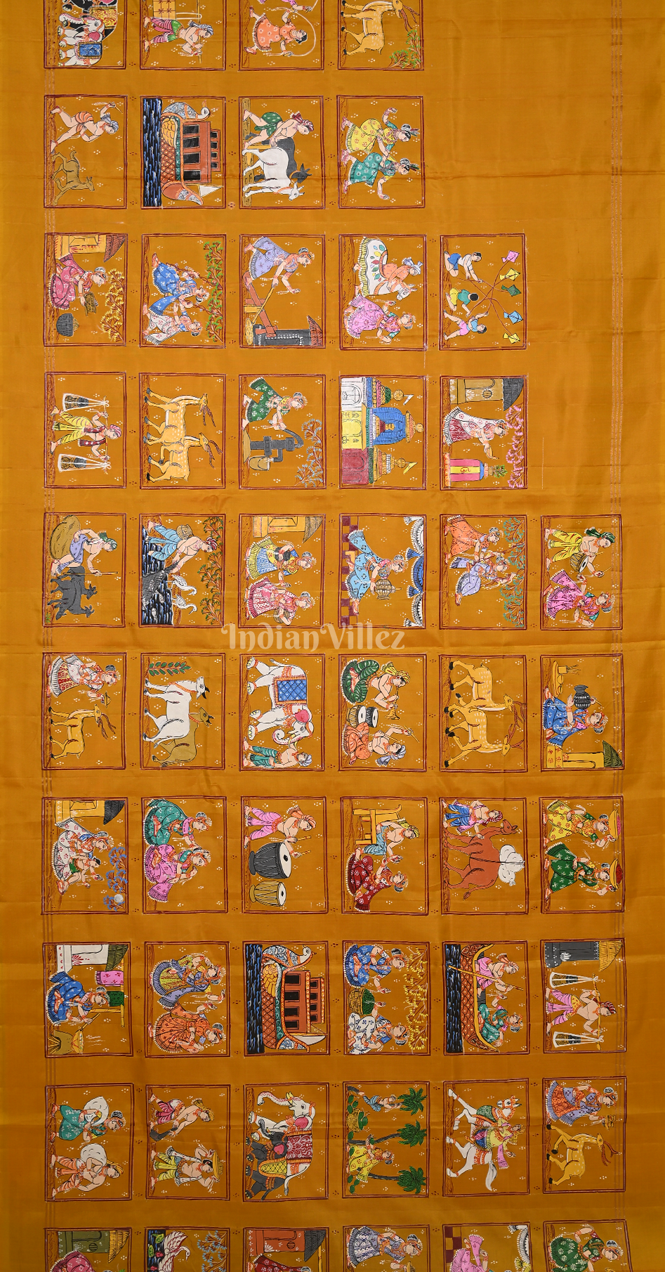 Mustard Yellow Purple Village Theme Hand- Painted Pattachitra Saree