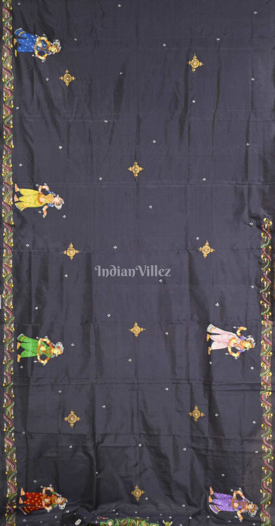 Grey Radha  Krishna Rasa Leela Hand-Painted Pattachitra Silk Saree