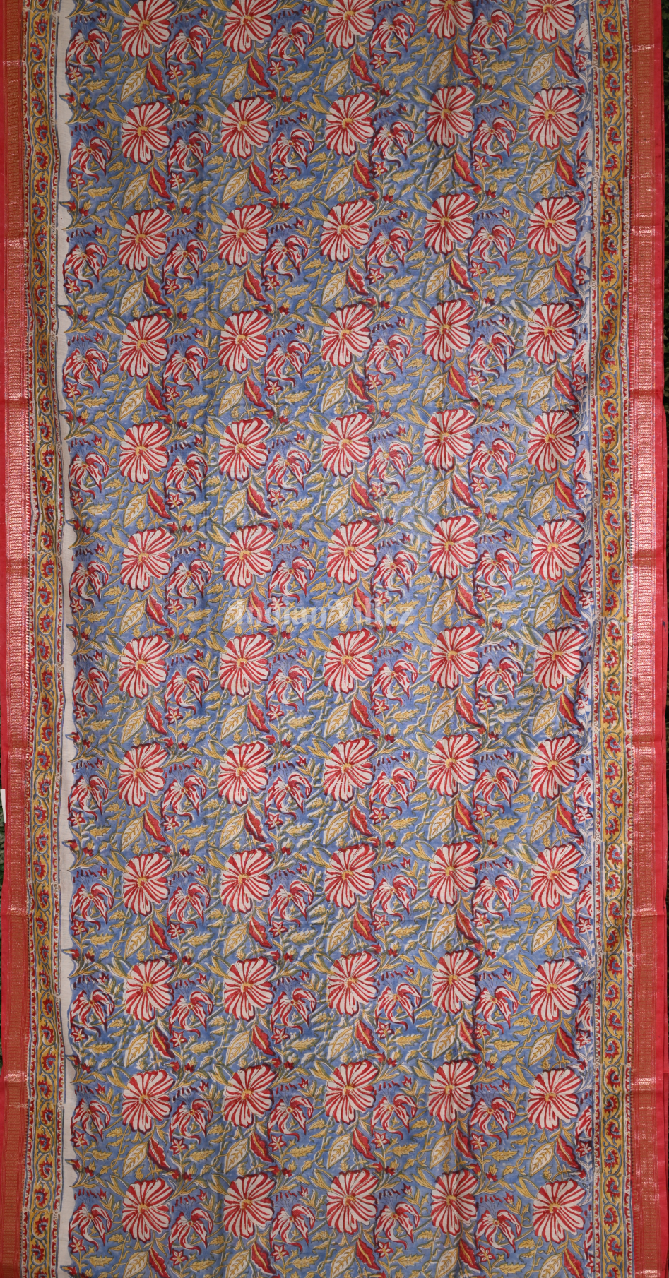  Blue with Multicolour Block Printed Sanganeri Cotton Saree