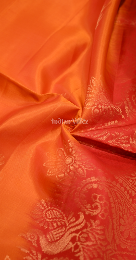 Orange Red Golden Zari Pure Kanjivaram Soft Silk Saree 