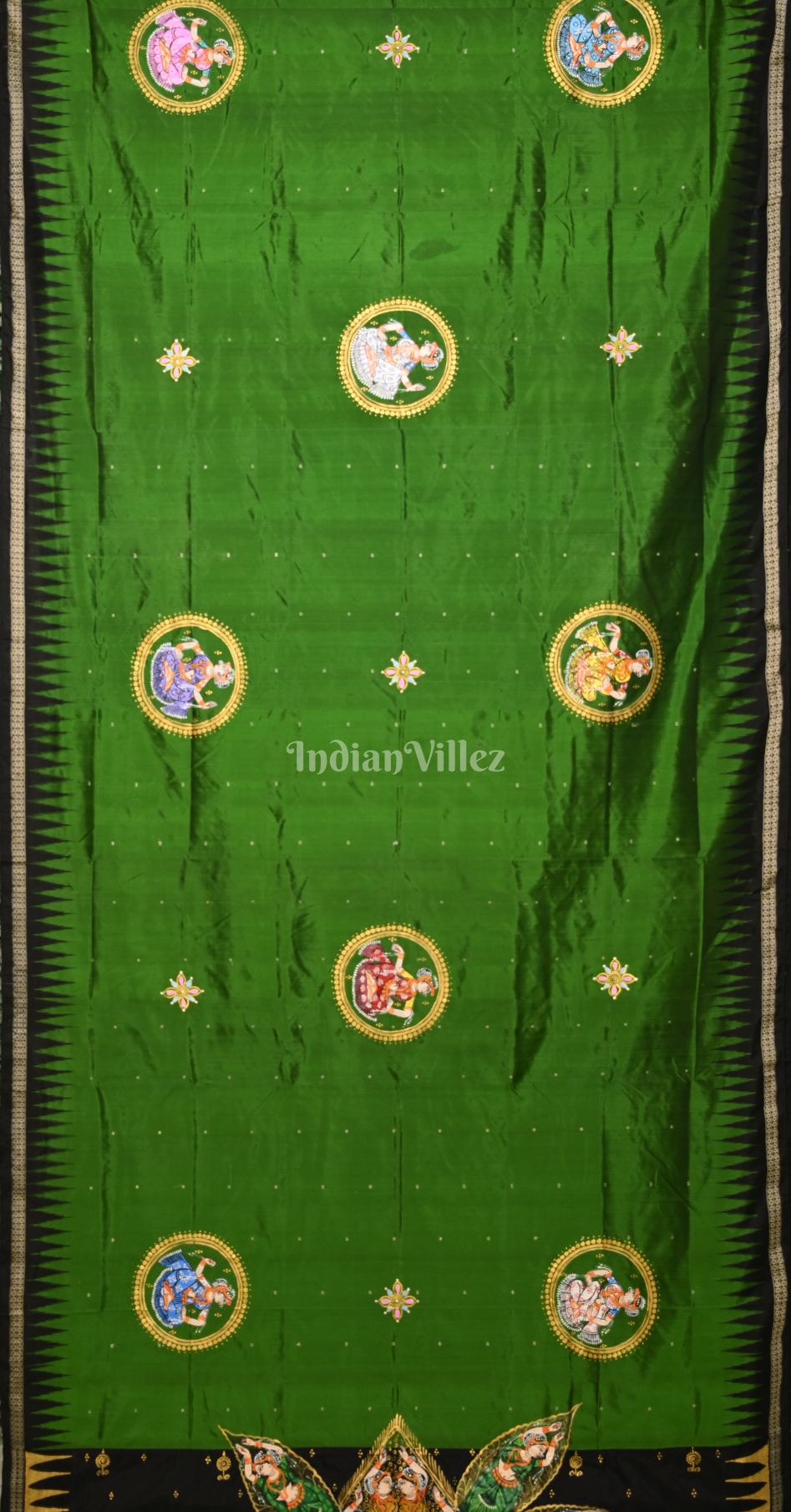 Green with Black Kandarpa Kalash Theme Hand-Painted Pattachitra Saree 