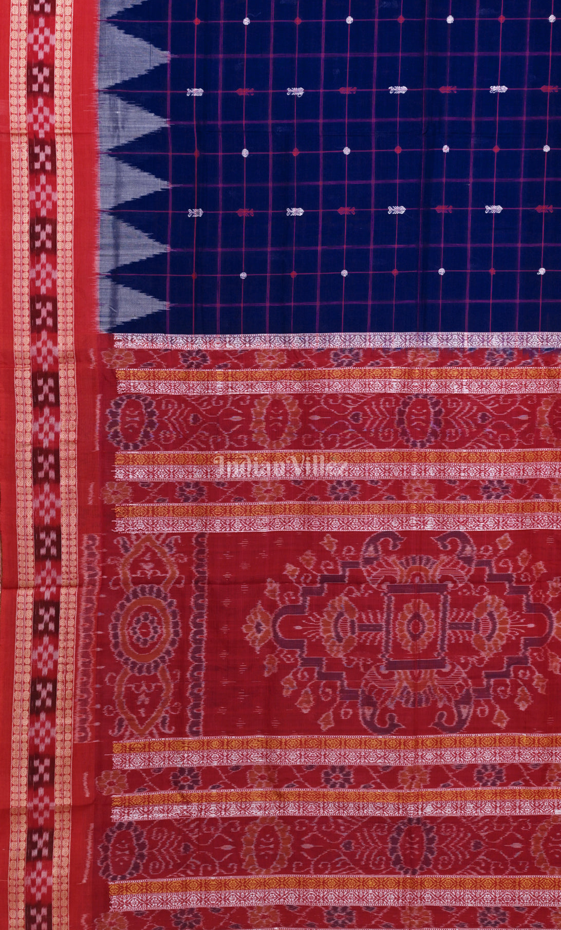 Blue Red Pasapali Border Odisha Ikat Sambalpuri Cotton Saree 