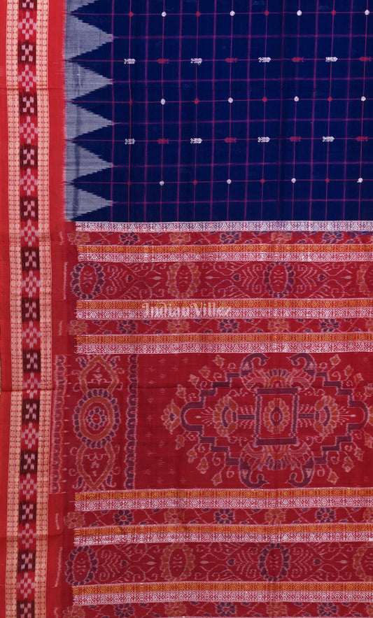 Blue Red Pasapali Border Odisha Ikat Sambalpuri Cotton Saree 