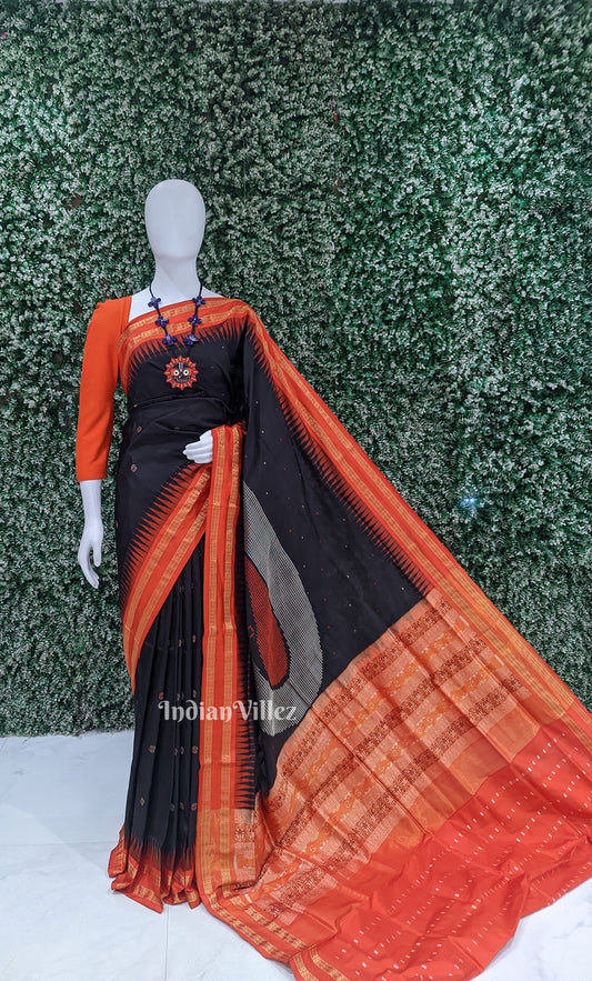 Dark Black Buti Design Bomkai Sambalpuri Silk saree

