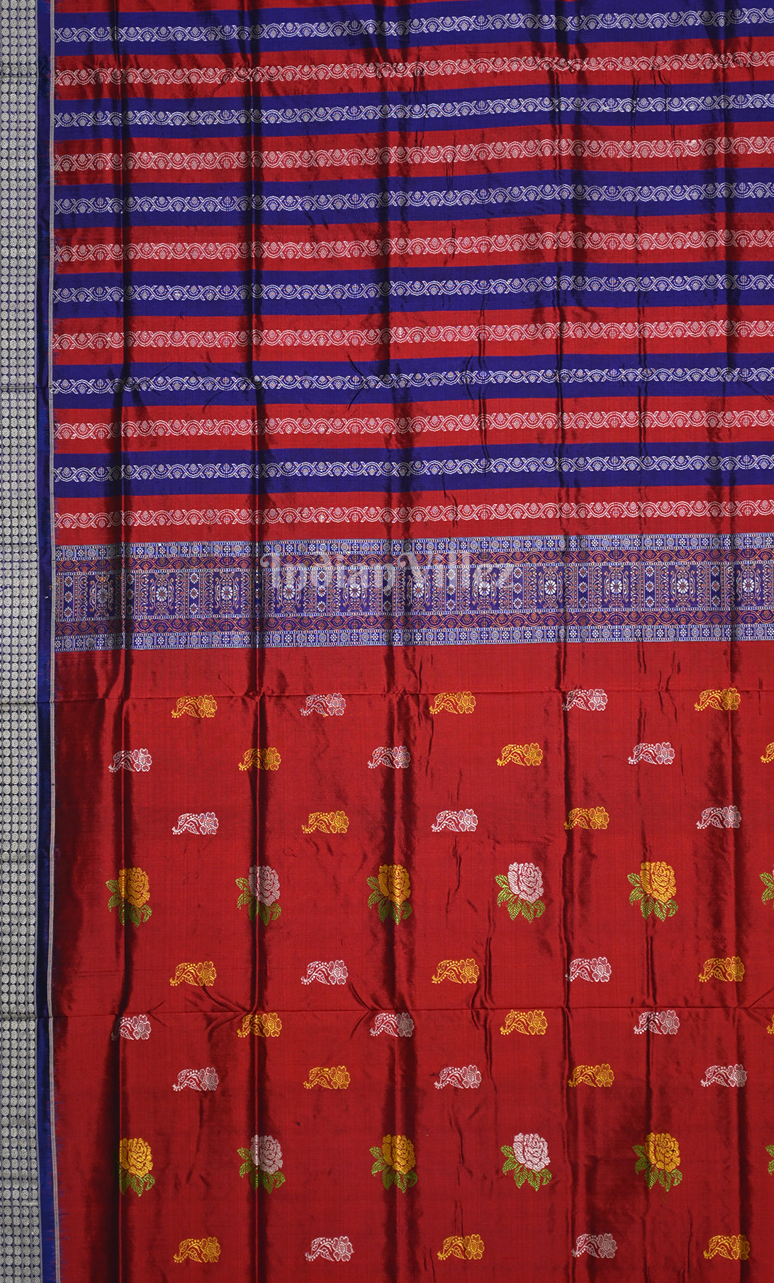 Red Blue Odisha Ikat Bomkai Sambalpuri Silk Saree with Doll Aanchal