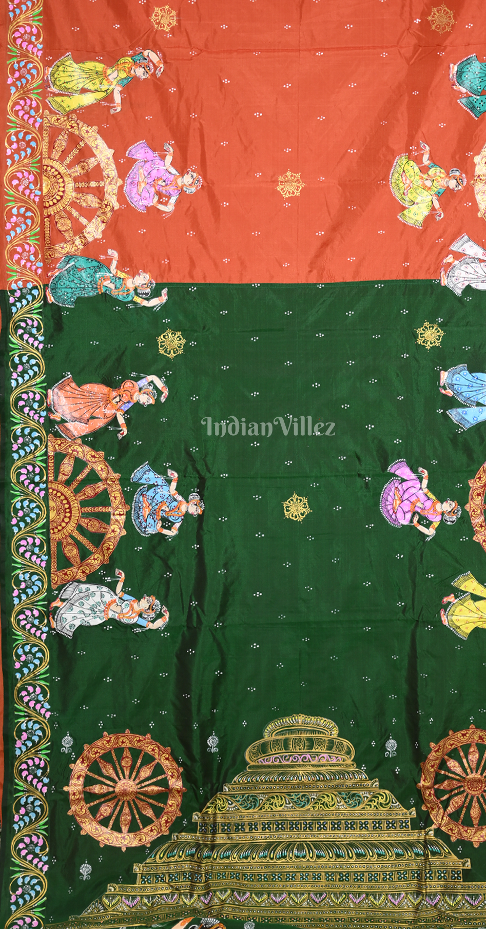 Green Orange Nartaki Konark Temple Hand-Painted Pattachitra Saree 