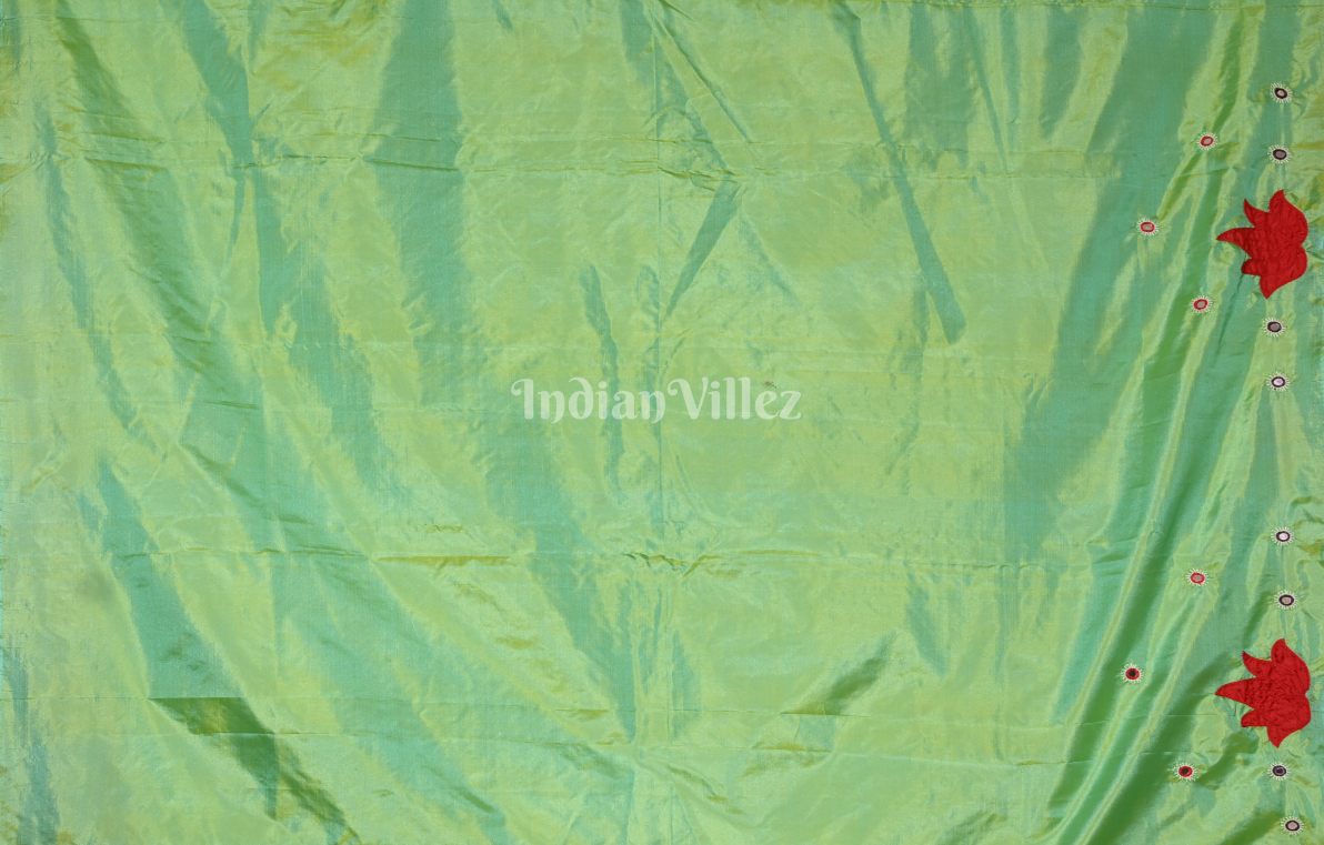 Light Green Red Hand Embroidered Applique Work Saree 