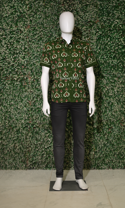 Mehendi Green Tribal Theme Odisha Ikat Cotton Half Sleeve Shirt for Men 