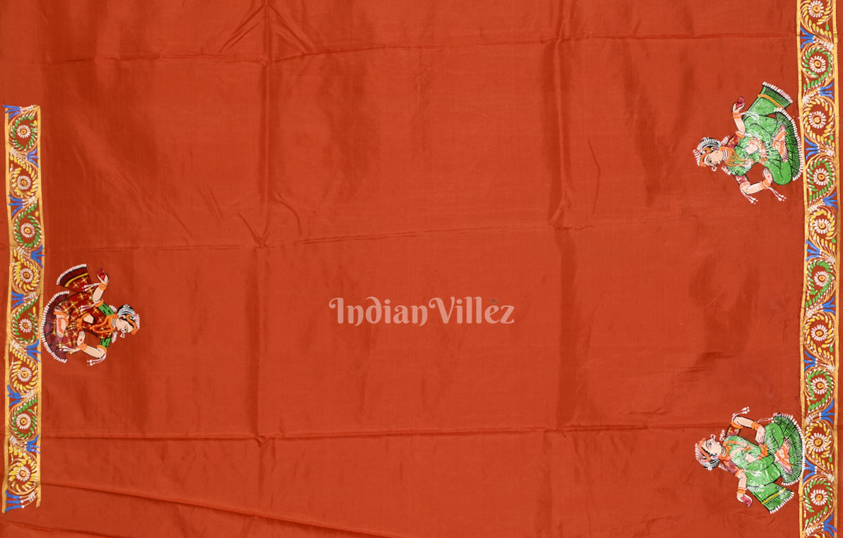 Orange Radha Krishna Raas Leela Hand-Painted Pattachitra Saree