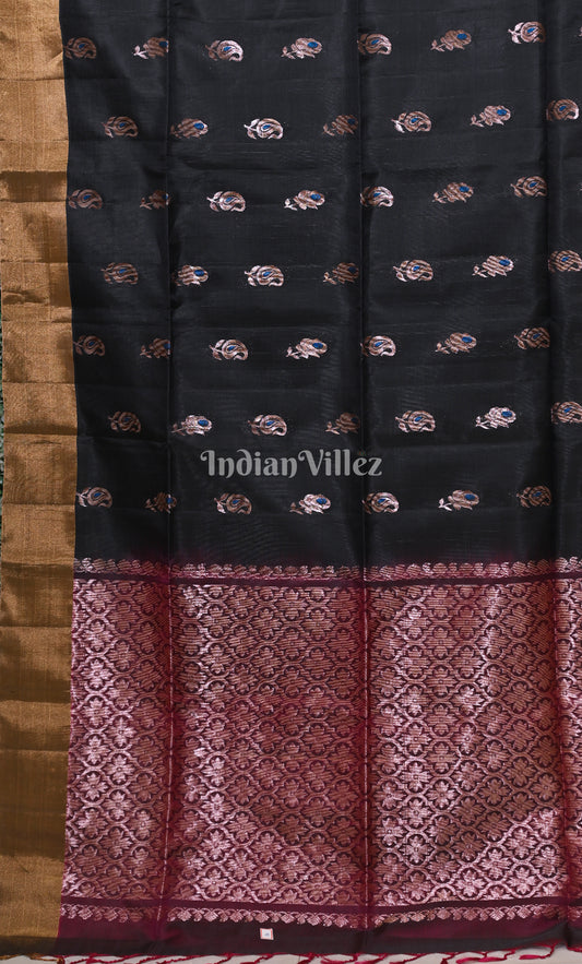 Black maroon Paisely Pure Kanjivaram Soft Silk Saree