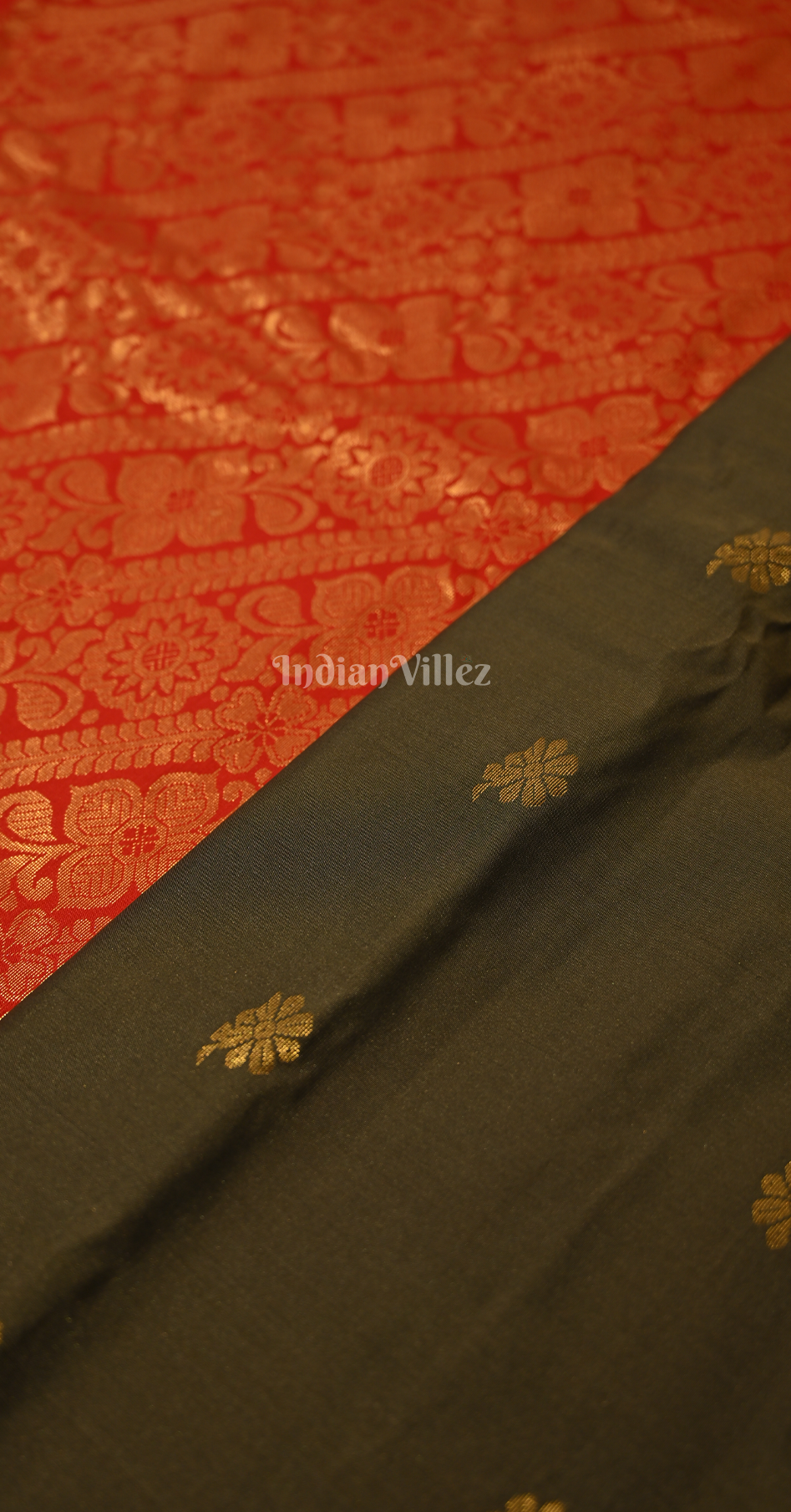 Olive Green Red Butta Design Pure Gadwal Silk Saree 