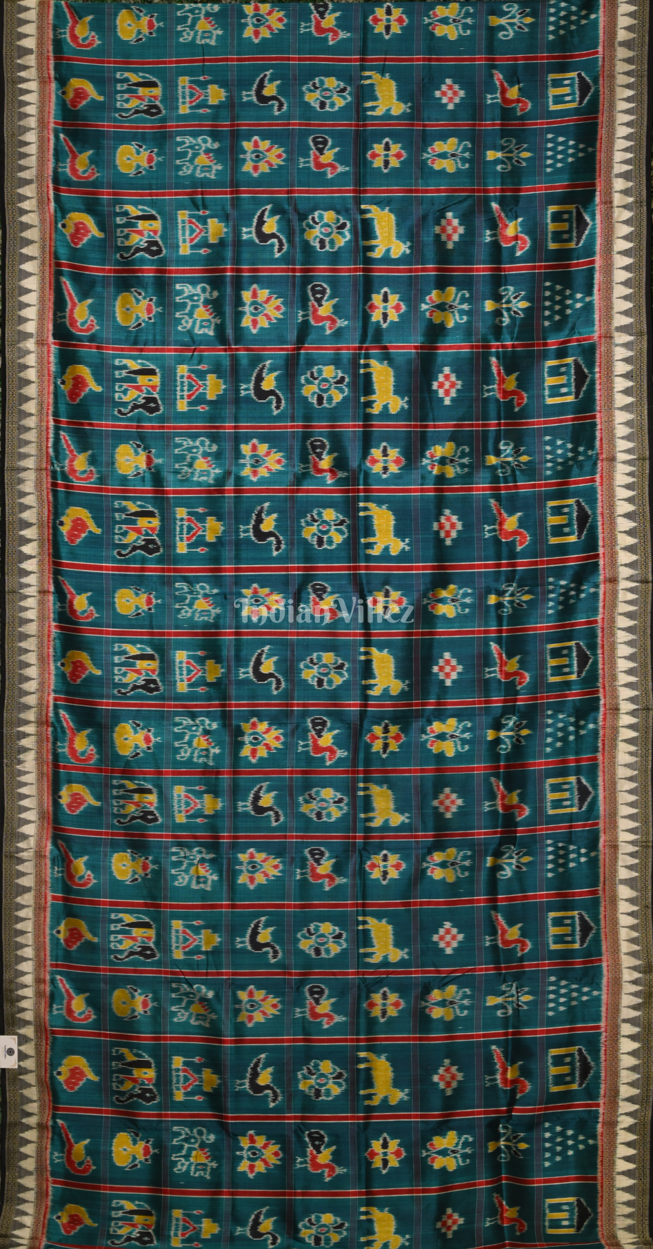 Teal Blue Black Nabakothi Khandua Silk Saree with Peacock Elephant Chandua Anchal