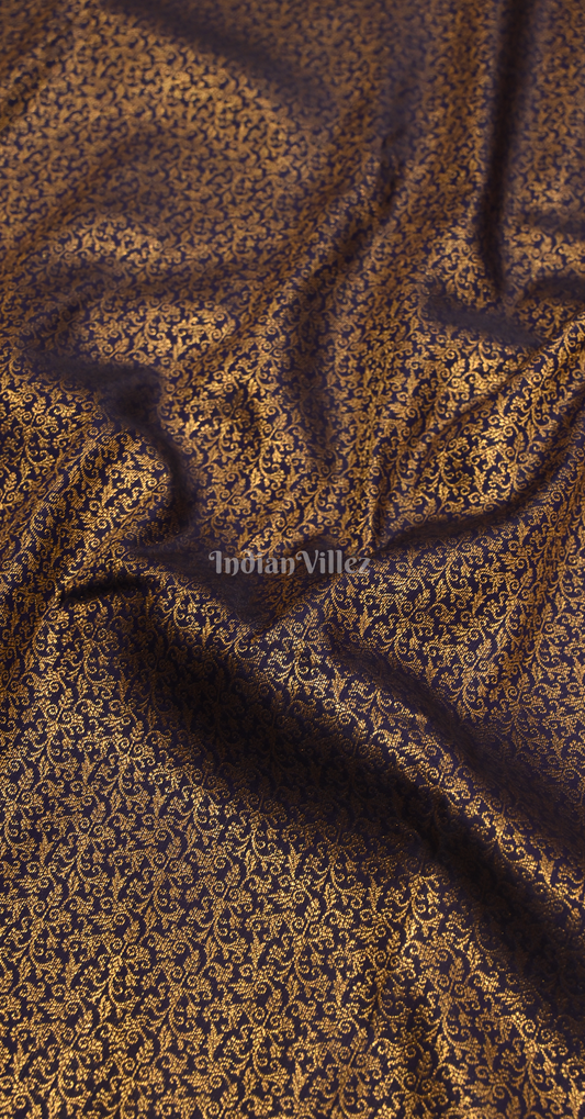 Navy Blue Gold Floral Pure Brocade Kanjivaram Silk Saree