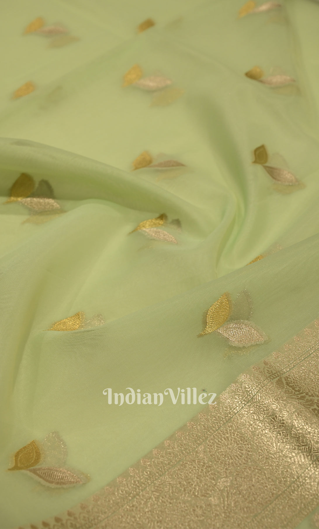 Pastel Green Leaf Motif Chanderi Silk Banarasi Saree