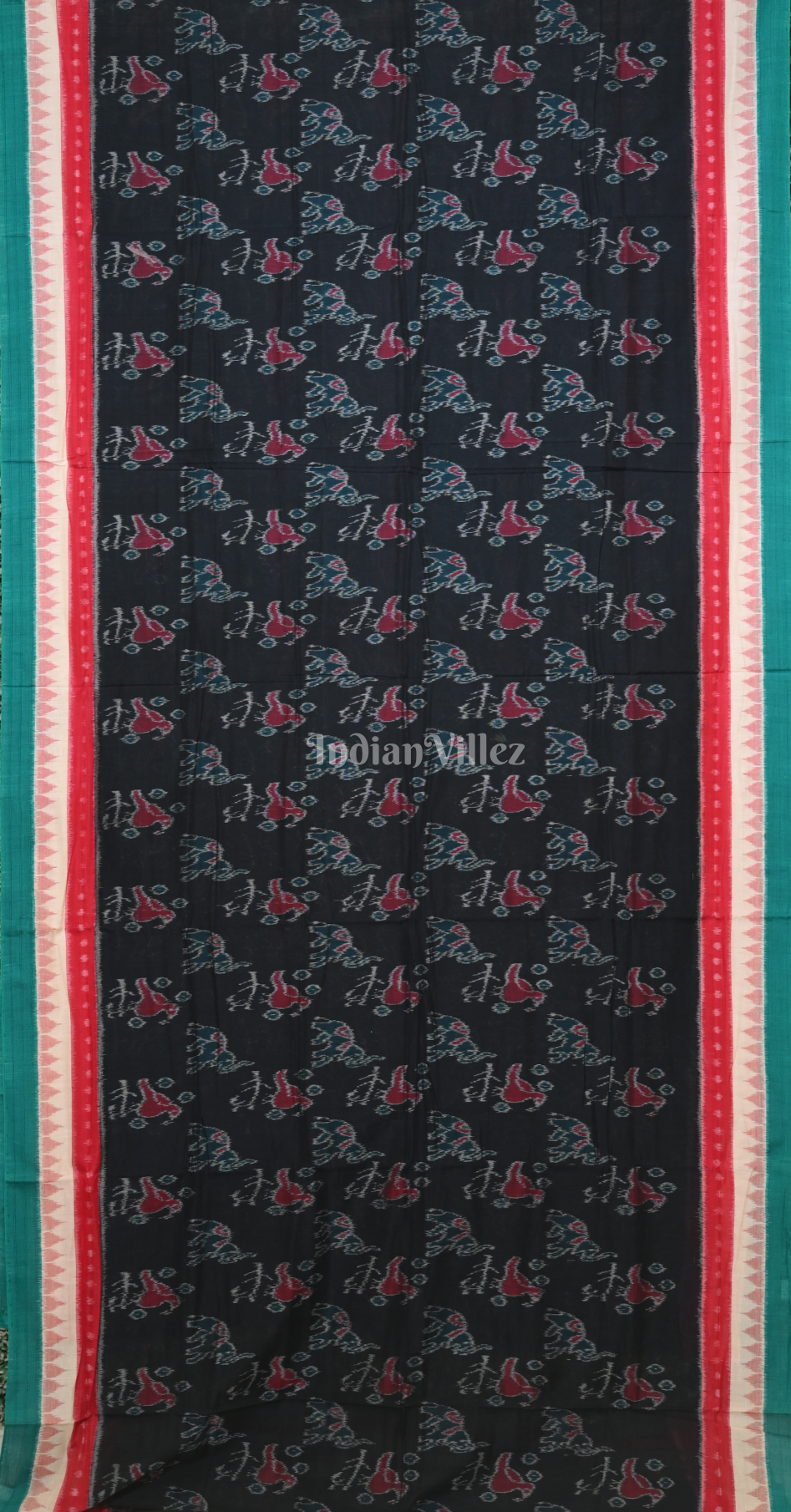 Black Green Bird Motif Odisha Ikat Sambalpuri Cotton Saree 