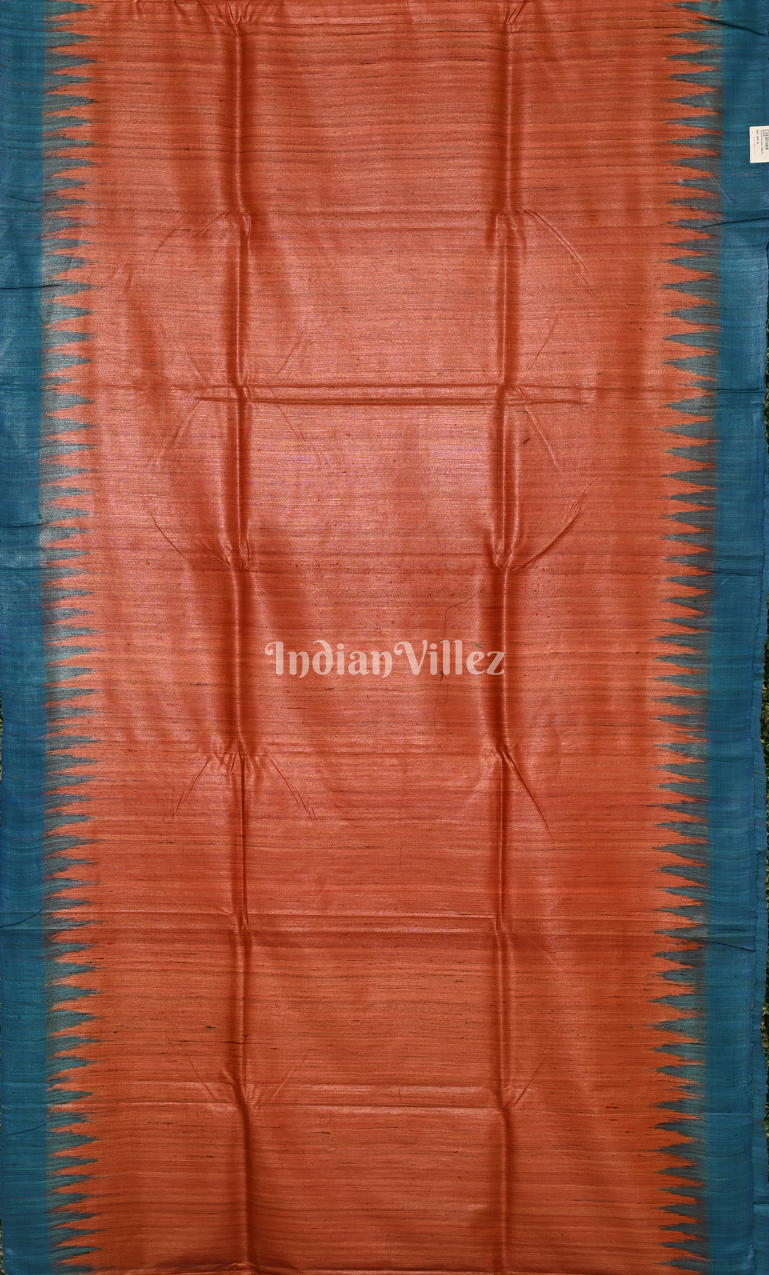   Brick Red Gopalpur Tussar Silk Saree with  Blue Temple Border & Anchal 