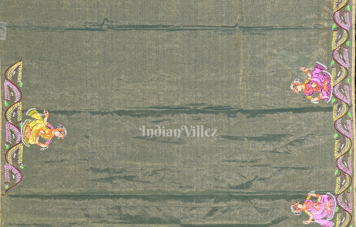 Light Blue Dual Tone Krishna Rasa Leela Hand-Painted Pattachitra Saree