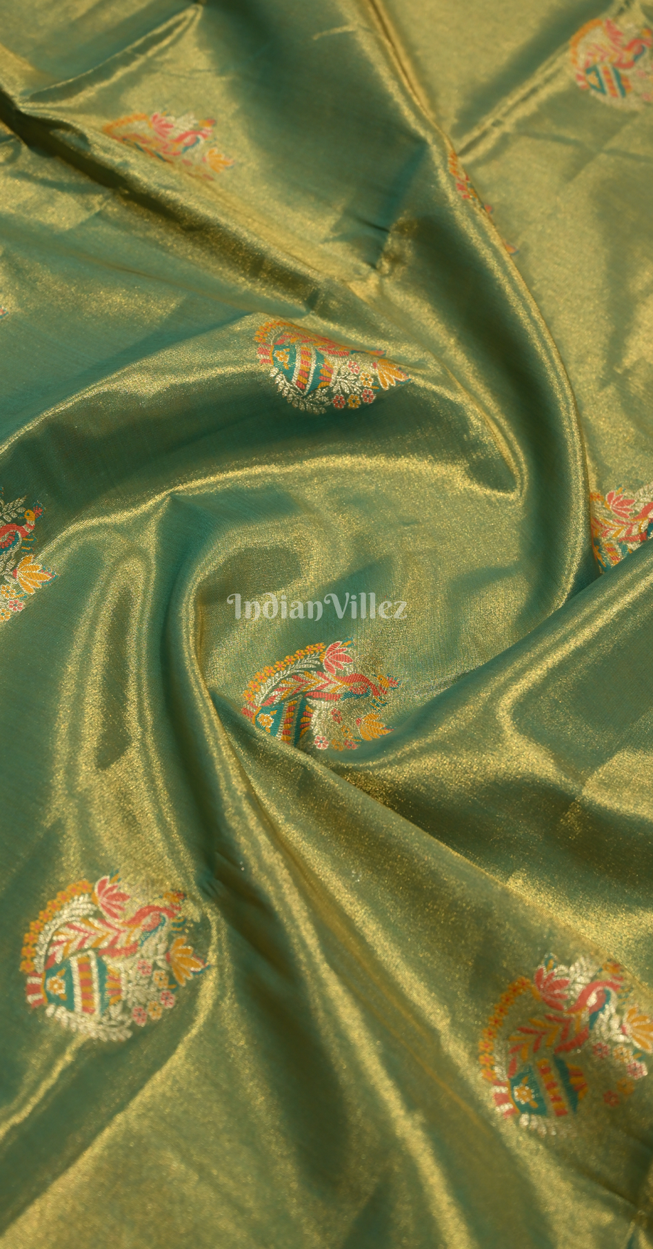 Mehendi Green Dual  Tone Floral Pure Kanjivaram Tissue Silk Saree 