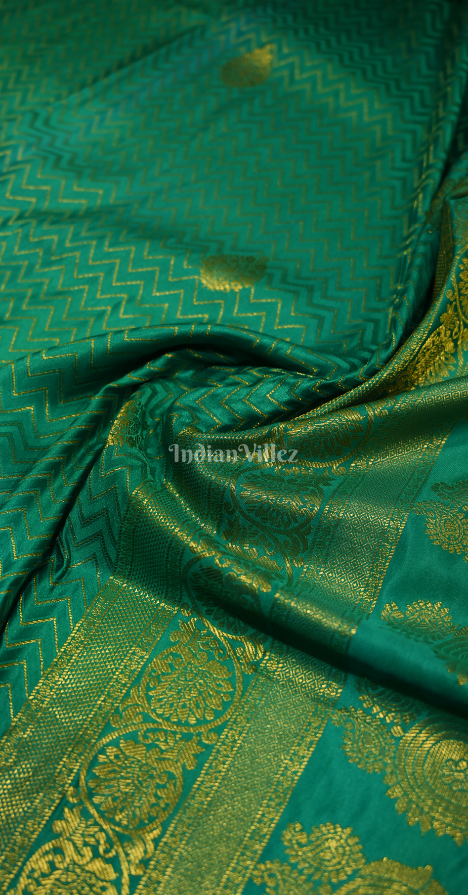 Rama Green Pure Satin Kanjivaram Silk Saree with Brocade Work