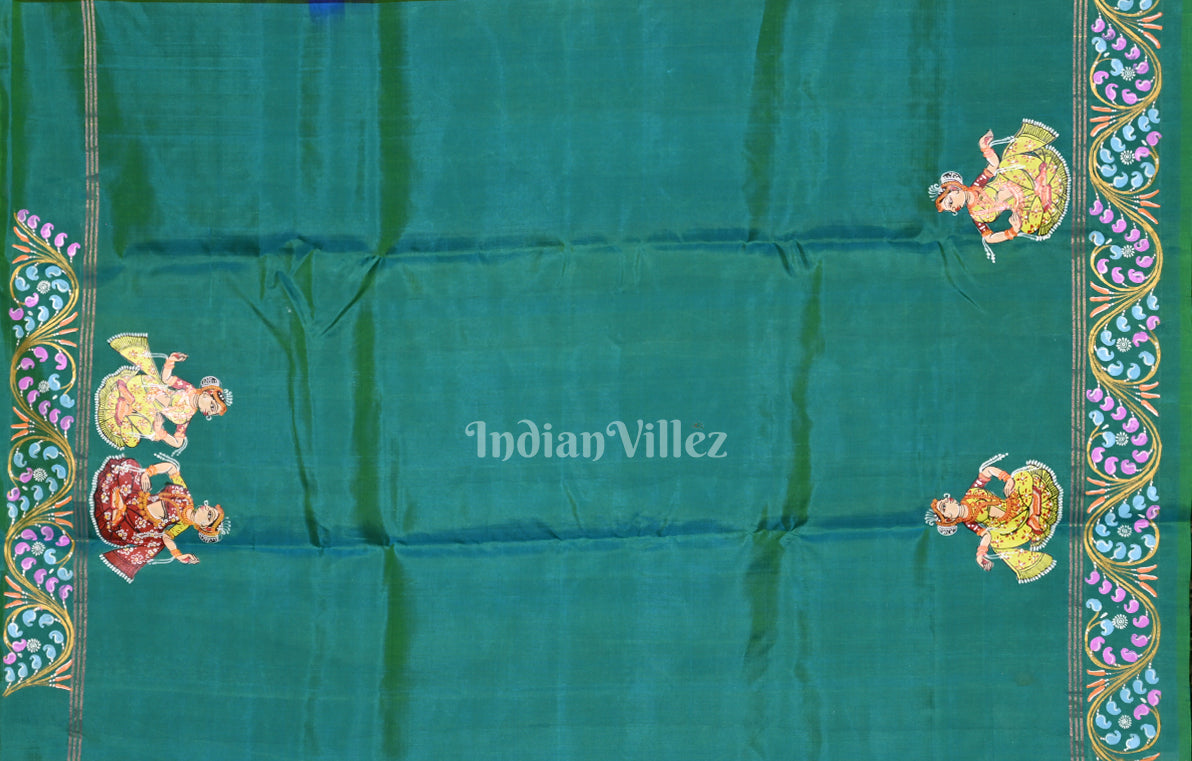 Blue Green Krishna Raas Village Theme Hand- Painted Pattachitra Saree 